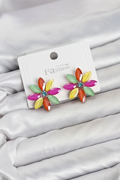TakÇalıştır Mixed Color Crystal Stone Lotus Flower Model Women's Earrings