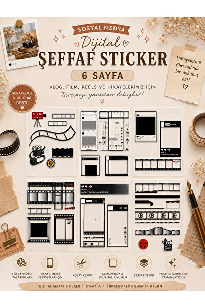 hediyeofisi Sosyal Medya Dijital Şeffaf Sticker 6 Sayfa Film Vlog Reels Scrap...