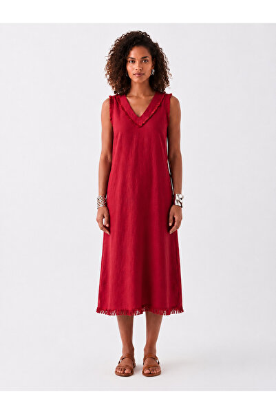 Bold & Young Red Pocketed V-Neck Viscose Midi Dress