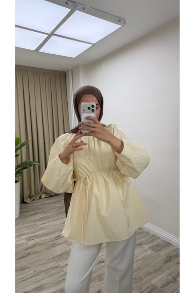 tuğbaprive Kadın Ekru Poplin Bağcıklı Balon Kollu Tunik Bluz Günlük Şık Oversize