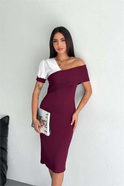 Dipmoda Rochie midi de damă, burgundă, cu decolteu asimetric și detalii contr...