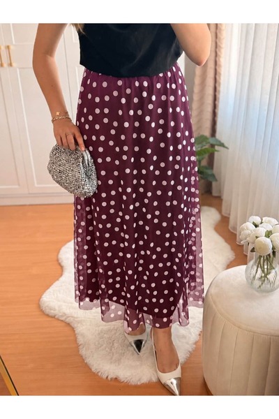 ankanoor Elastic Waist Polka Dot Lined Chiffon Skirt