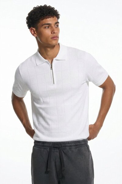 Maccali Men's Striped Knitwear Comfortable Fit White Polo Neck T-Shirt