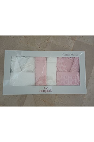 SÜMER Hazal Jacquard Partial Velvet Bathrobe Set - Cream / Dried Rose