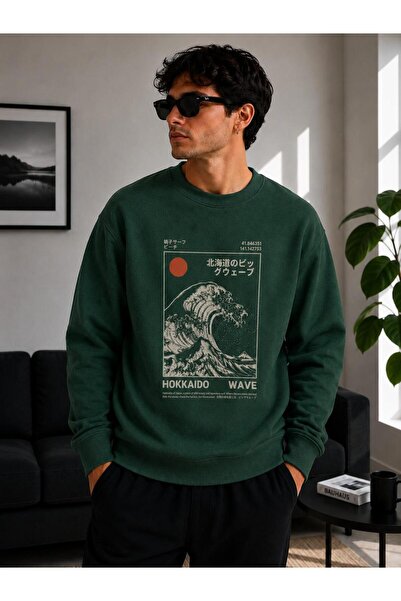 caddekombin Unisex Hokkaido and Wave Printed Crew Neck Sweatshirt