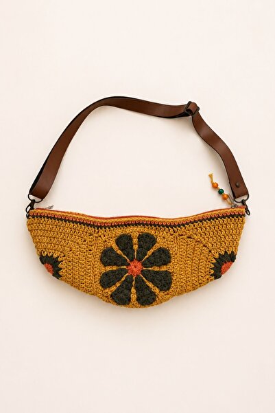 Clandestino Vegan Leather Handle Hand Knitted Waist Bag Yellow