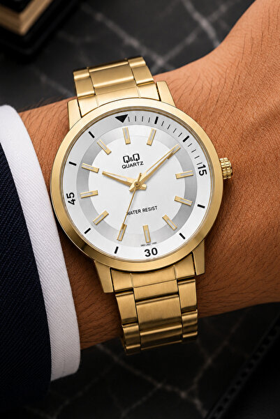Q&Q Men's Gold Metal Cord White Dial 5 Bar Wrist Watch 2 Year Warranty