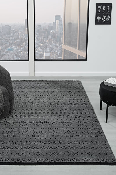 VİTALİHOME Gaia Antrasit Halı Yıkanabilir Kaymaz Taban Şönil Kilim Dokuma Pam...