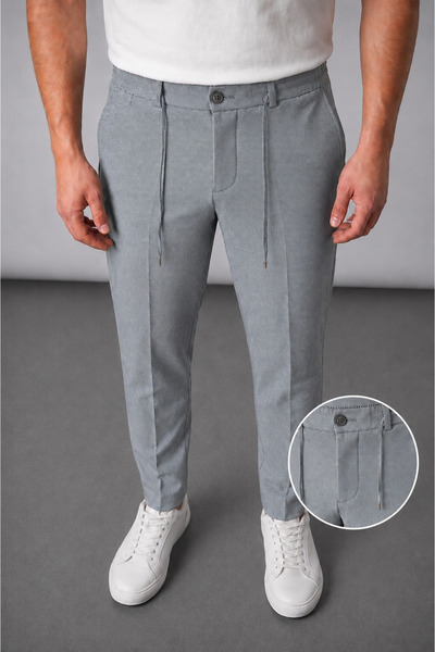 Gussi Men's Navy Blue Patterned Relaxed Fit Elastic Waist Lace-Up Jogger Fabr...