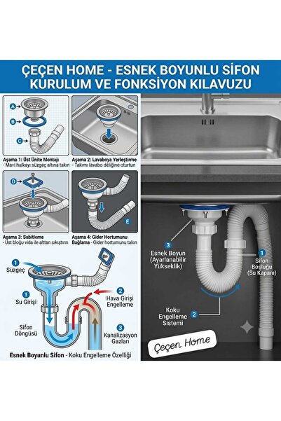ÇEÇEN HOME Damlalıklı Lavabo Sifonu 11 cm Genis Agiz 80 cm Büyük Kafa Çöpmak ...