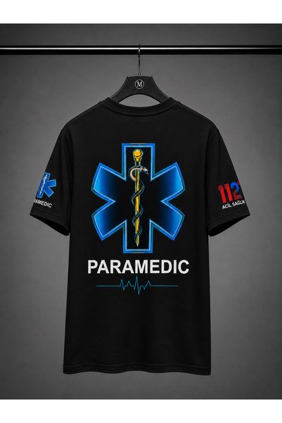 DOKSAÜNİFORM Paramedic Clothing T-Shirt,112 Emergency Healthcare T-Shirt,Black Combed Cotton 100% Cotton,Paramedic