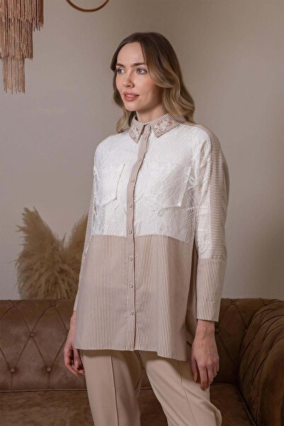 Moodbasic ÇİZGİLİ DANTEL DETAYLI GÖMLEK