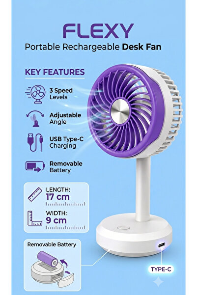 flexy HOME Portable Rechargeable Desk Fan with 3 Speed Levels, Adjustable Ang...