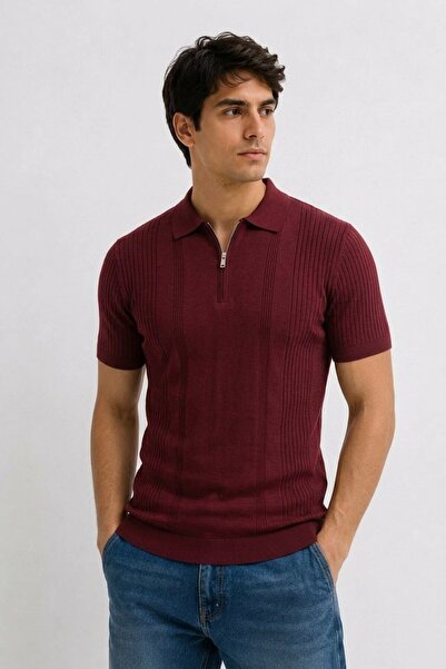Maccali Tricou tricotat cu fermoar și guler polo, pentru bărbați, Trend Burgundy