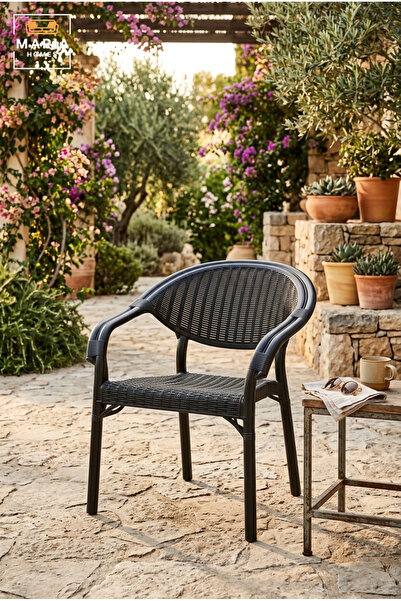 MARIA HOMES Modern Black Rattan Outdoor Armchair – Woven Patio Dining Chair w...
