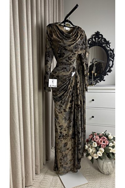 MYGROUP Long Pleated Ruffle Trim Dress with Long Sleeves for Special Occasions