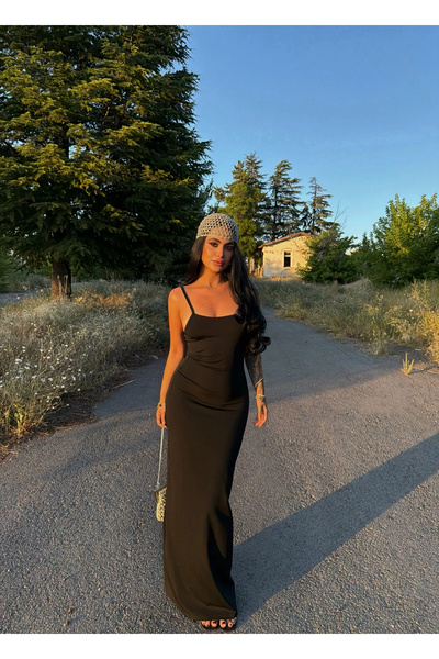 kırmızı butiks Black Strappy Scuba Maxi Dress