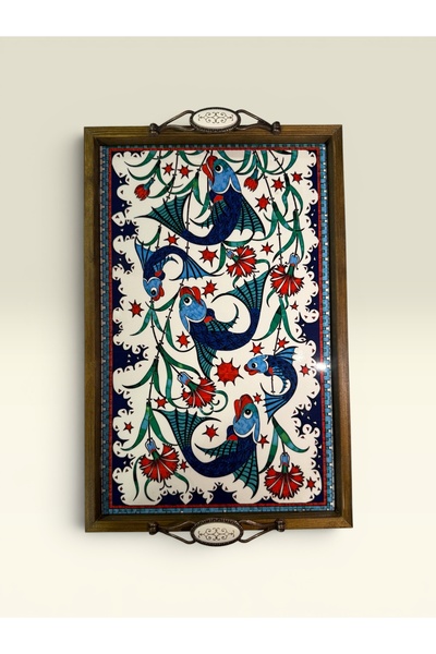 PorcelainAtelier El Yapımı Kütahya Çini Desenli Ahşap & Seramik Tepsi 42x28 c...