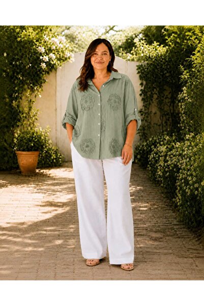 Butik Şans Women's Daisy Embroidered Oversize Italian Shirt