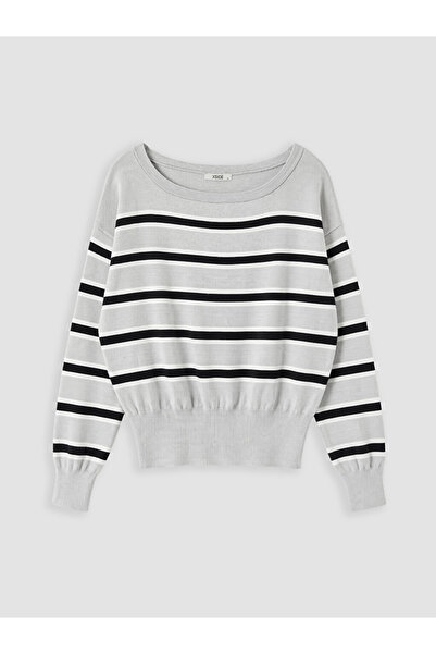 LC Waikiki Gray Boat Neck Striped Women's Knitwear Sweater