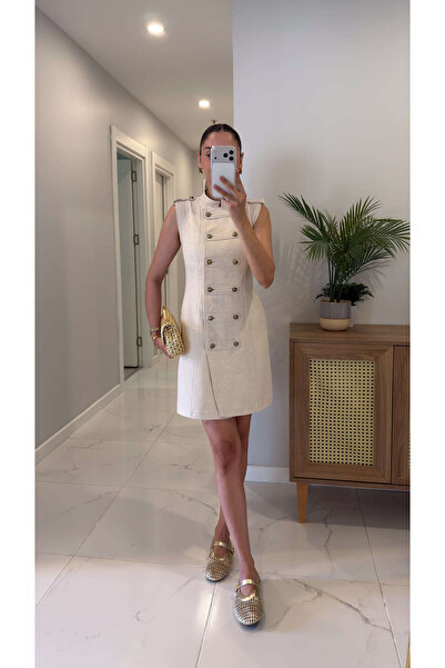 BİRCANÇİL Ussay Natural Button Detailed Dress