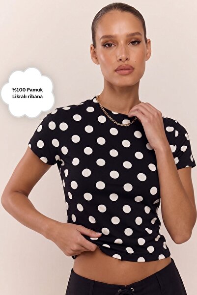GIA - ART Women's Slim T-Shirt Luna Dot Polka Dot Printed Black – Lycra Ribbe...