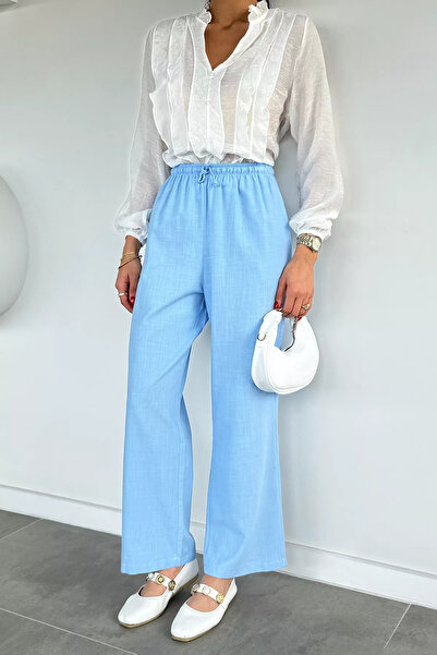 Aryena Blue Women's Elastic Waist Linen Trousers