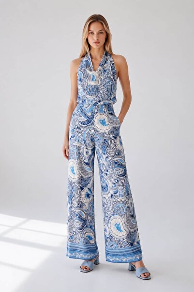MODA Şal Desenli Mavi Keten Pantolon