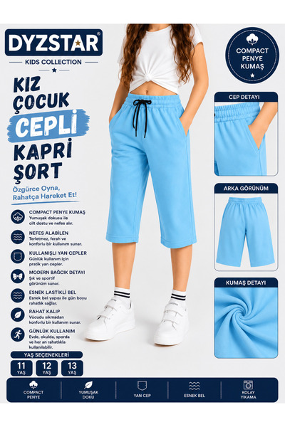 DYZSTAR Kız Çocuk Cepli Kapri Şort Buz Mavisi Compact Penye Rahat Kalıp Lasti...