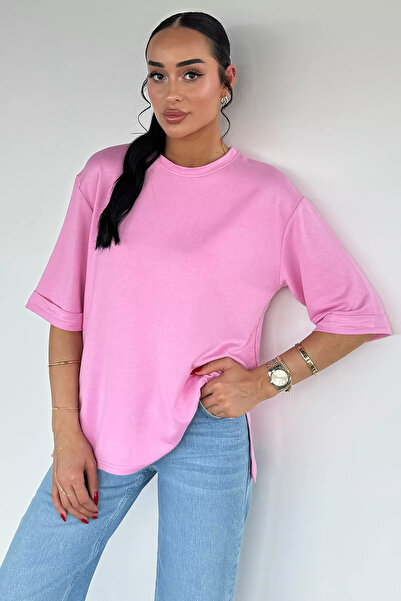 Aryena Pink Gülseli Sleeve Folded Slit T-Shirt