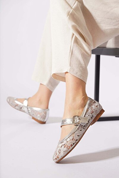 Moda Pie Uresan Lace Detailed Belted Women's Ballerina Flats Silver