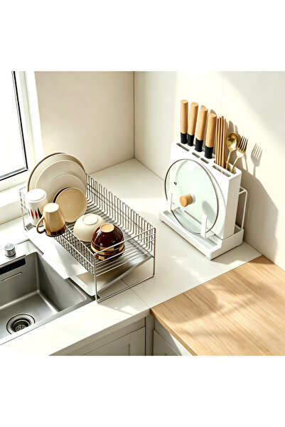 HT Home Organizers Stainless Steel Tableware Drying Rack + Knife Block with S...