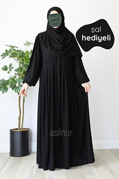 ASİLNUR Meva Pleated Ferace Shawl Gift Set Black