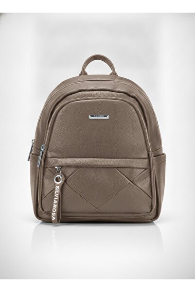 SilviaRosa Rucsac Dama Mic Piele Ecologica Buzunar Frontal Matlasat Taupe