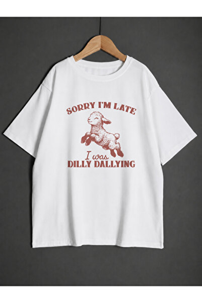 ZİYMO Women's Sorry I'M Late Lamb Printed Oversized T-Shirt