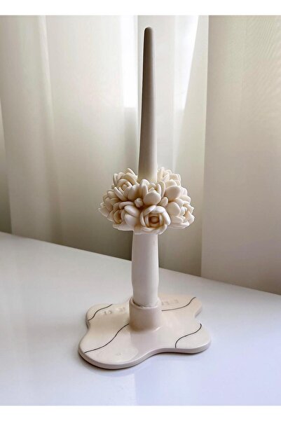 SCA CANDLE Dekoratif Mum Şamdan mum Çiçek Desenli 2 Şamdan MUm 25 Cm +2 Çiçek...