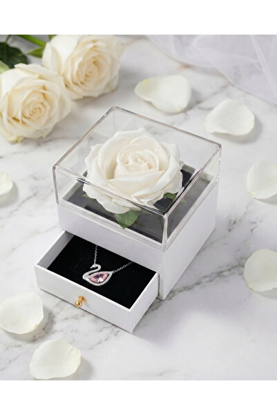 Gleemy accesories علبة هدايا على شكل وردة بيضاء أبدية وقلادة على شكل بجعة - ه...