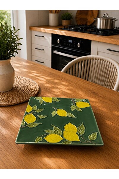 Twinkle Amalfi Garden Lemon Patterned Square Flat Plate Green 28 cm