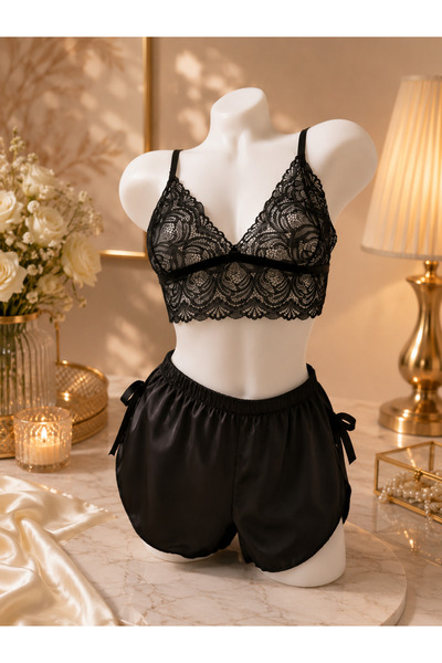 ARSIA Black Satin Shorts and Thong Bralette Set