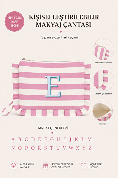 Beige & Stone Kişiye Özel Harf Detaylı Pembe Çizgili 17x29 cm Volanlı Clutch ...