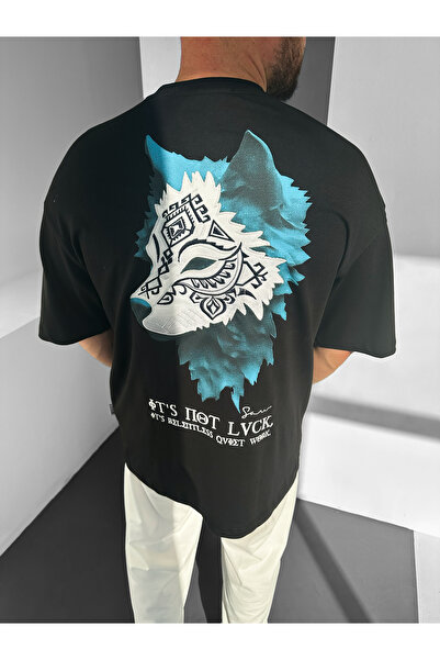 NO1 KONSEPT Μαύρο Oversize Premium T-Shirt με κέντημα μπλε λύκου