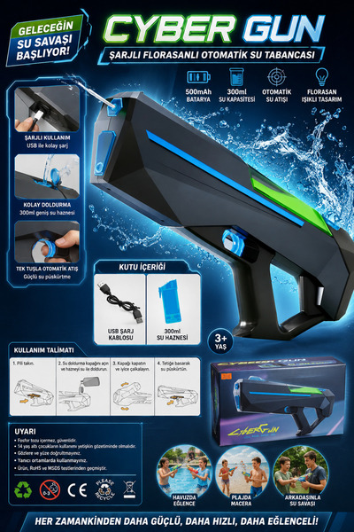 kruxon Şarjlı Otomatik Cyber Gun Su Tabancası 500mAh USB Şarjlı 300ml Su Hazn...