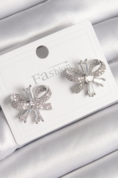 ARMÜZ Brass Silver Color Zircon Stone Bow Model Women's Earrings