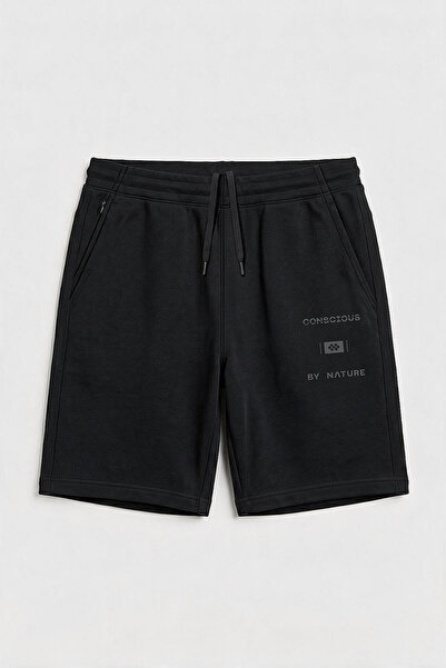 TOMMY LIFE Black Printed Oversized Men's Shorts with Hidden Pocket Detail - 8...