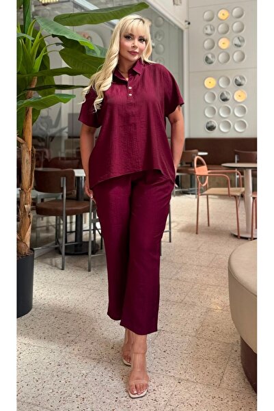 Butik Nilyam Γυναικείο Σετ Φόρμας Μεγάλου Μεγέθους με Γιακά, Κοντό Μανίκι, Χα...