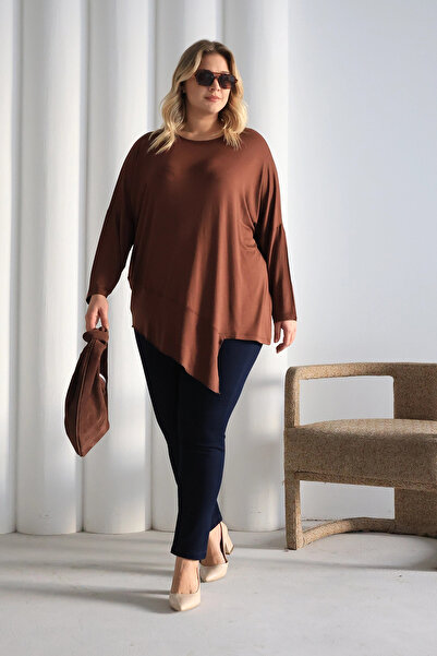 Asimetrik Kesim Desenli Oversize Bluz Büyük Beden ZPLUS XXL