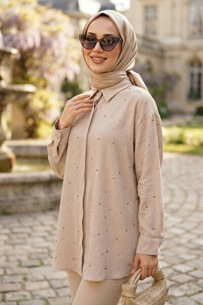 Neva Style Kamena detaljna bež hijab košulja od tkanine u boji jagode 10861BEJ