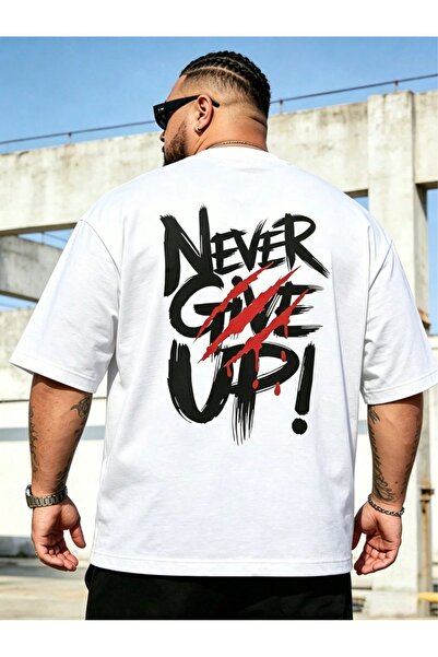 ZAVIXO Men's Large Size Oversize Never Give up Printed T-Shirt 100% Cotton St...