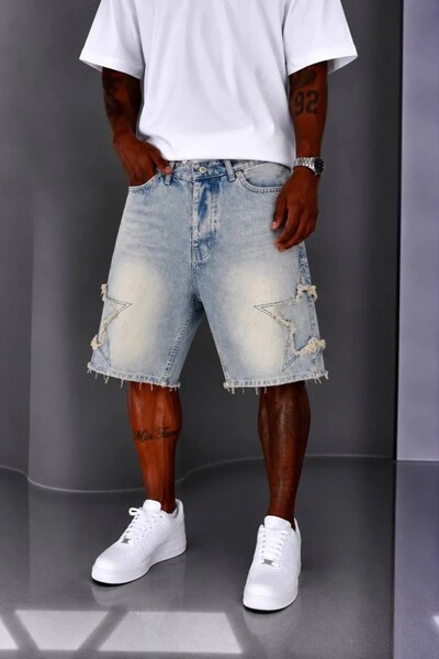 MADZEYMODA Men's Light Blue Ripped Star Patterned Denim Jean Shorts Ke-1190