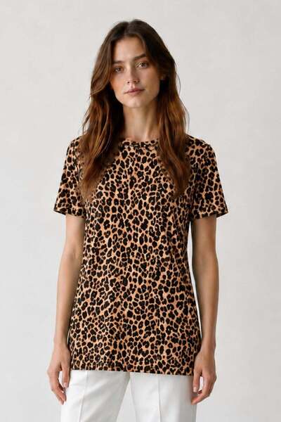 penyebizden Viscose Short Sleeve Long Tunic-Leopard